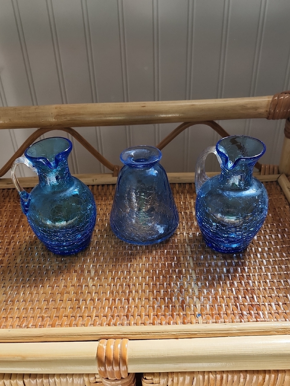 Set Of Three Blue Crackle Glass